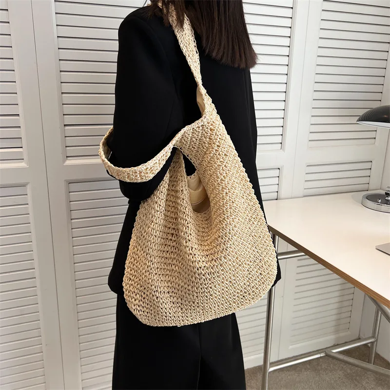 2023 Summer Women's Bag Soft Straw Bag Casual Long Woven Shoulder Bag Popular Light Travel Beach Bag