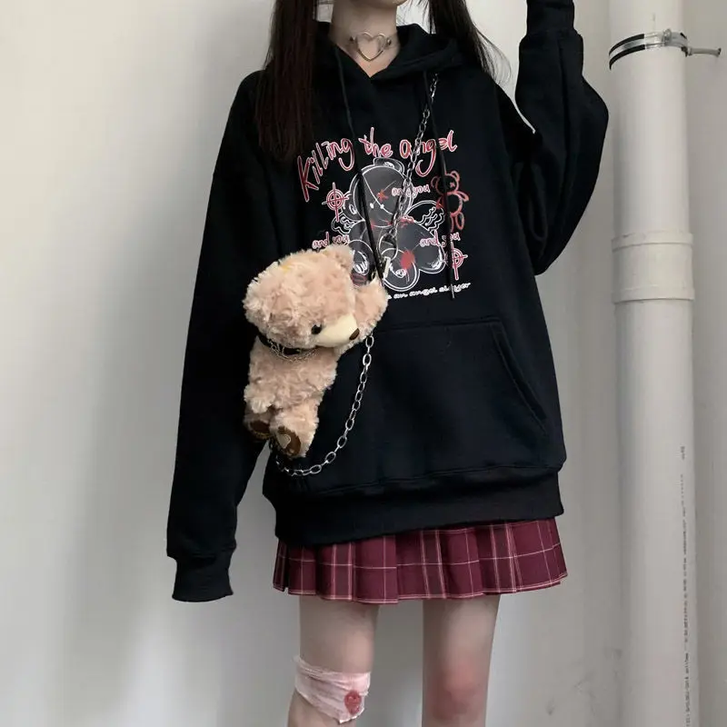 

Японский черный свитшот с капюшоном Y2k, женские свободные стильные топы в стиле преппи с рисунком, женские толстовки в стиле харадзюку, шикарные пуловеры