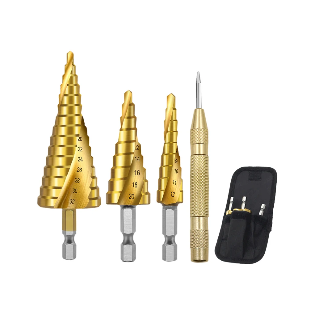 

4pcs set Step Drill Bit Set High-speed Steel Anti-slip Center Punch Polished Bevelling Deburring Punching Hand Tools