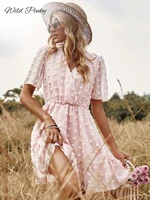 wildpinky elegant short sleeve v neck summer mini dress women 2022 beach holiday ruffle sundress pink fashion a line dot vestido