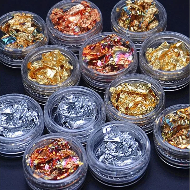 12Box Gold Silver Copper Nail Art Polish Glitter Foil Paillette Chip Stickers Decals Tips Design Decoration Manicure Tools Set