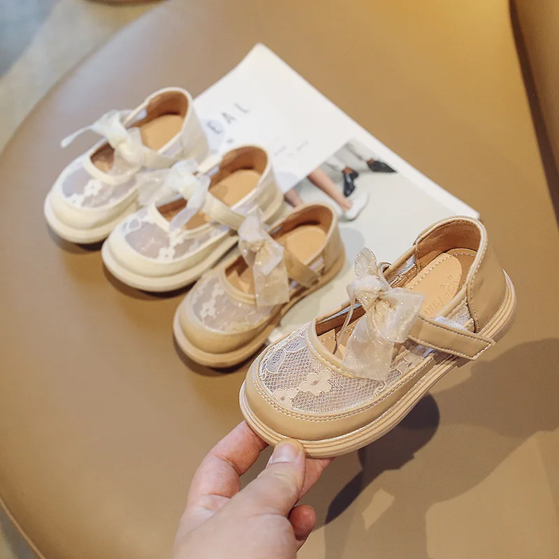 

Girls Lace Bow Kids Fashion Round-toe Korean Wind Versatile Casual Shoes PU Children Sweet Princess Shallow Mary Janes Beautiful