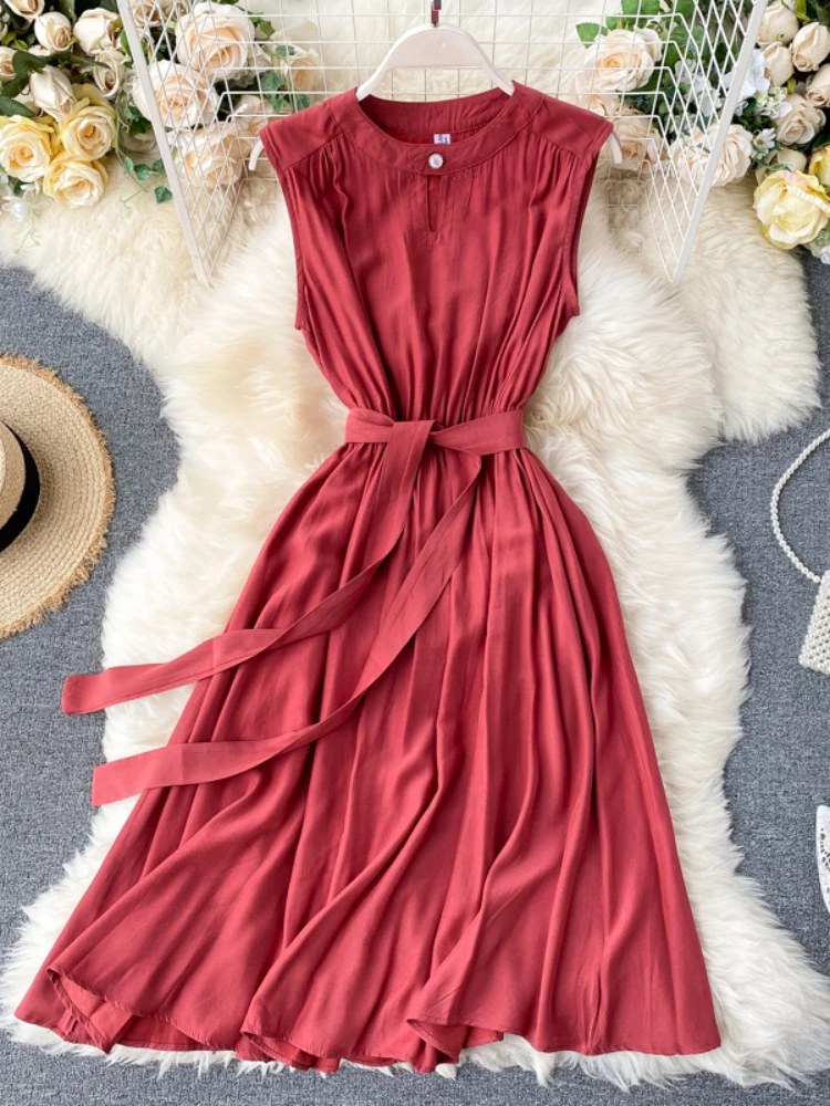 

Hikigawa Chic Fashion Woman Dress O Neck Hollow Out Sleeveless Elegant Dresses For Women Streetwear Solid Vintage Vestidos Mujer