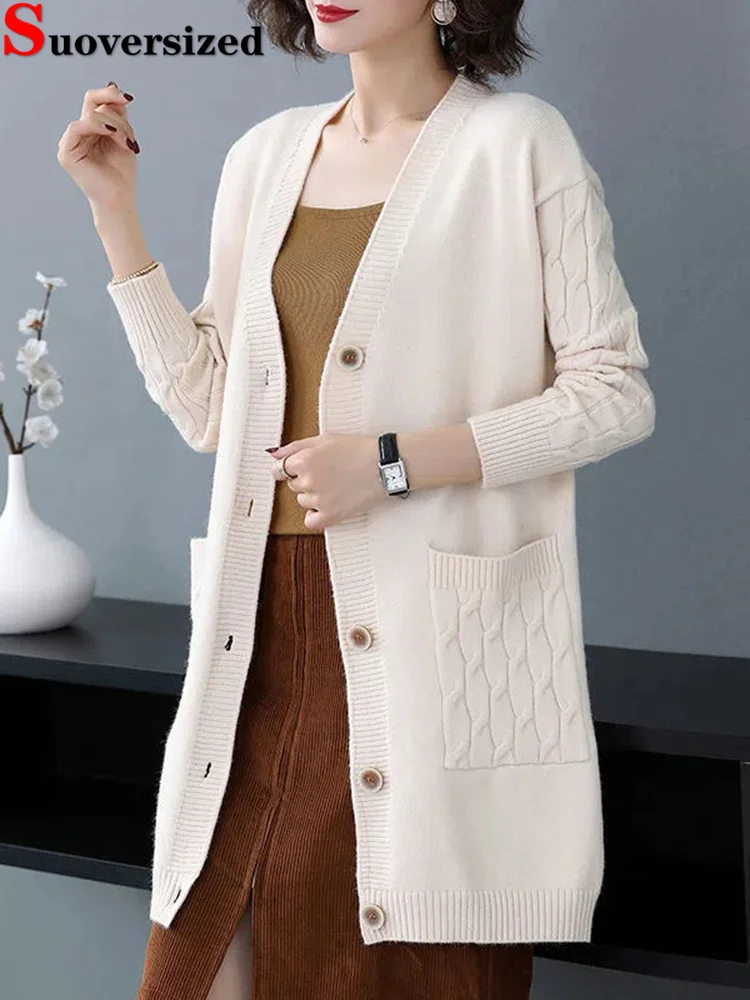 

Spring and Autumn V-neck Knitted Women's Medium Length Extra Large 4xl Elegant Sweater Coat Casual Fit Knitted Coat