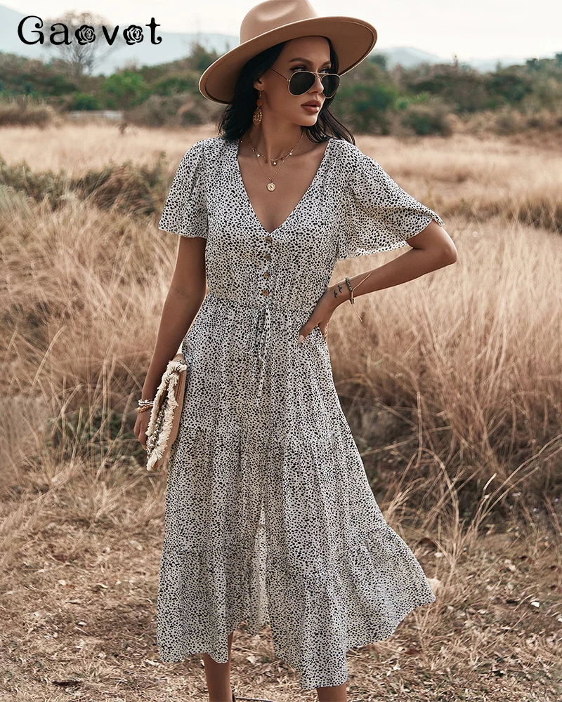

GAOVOT Summer Dot Print Women Beach Dresses Deep V Neck High Split Sexy Hem A-Line Holiday Bohemian Dress Vestidos Femme