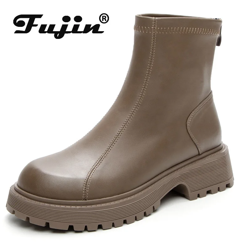 

Fujin 5cm Retro Mcrifiber Autumn British Woman Ladies Fashion Chunky Heels ZIP Platform Wedge Ankle Motorcycle Booties Shoes
