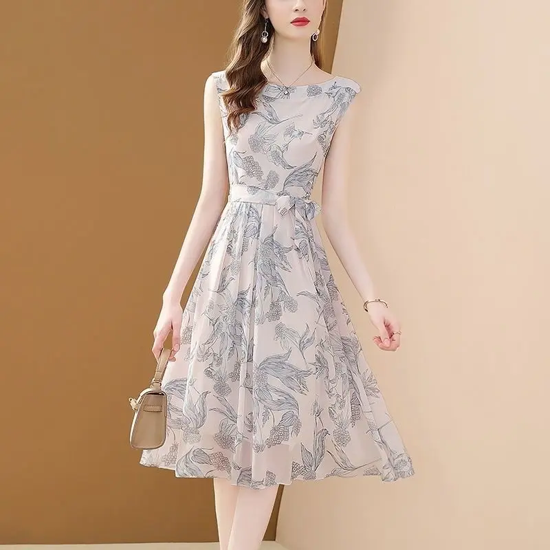 

2023 New Summer Women Chiffon O-Neck Sleeveless Mid-Calf Dresses Female Print Belt Fashion Clothing Elegant Korean Clothes Top