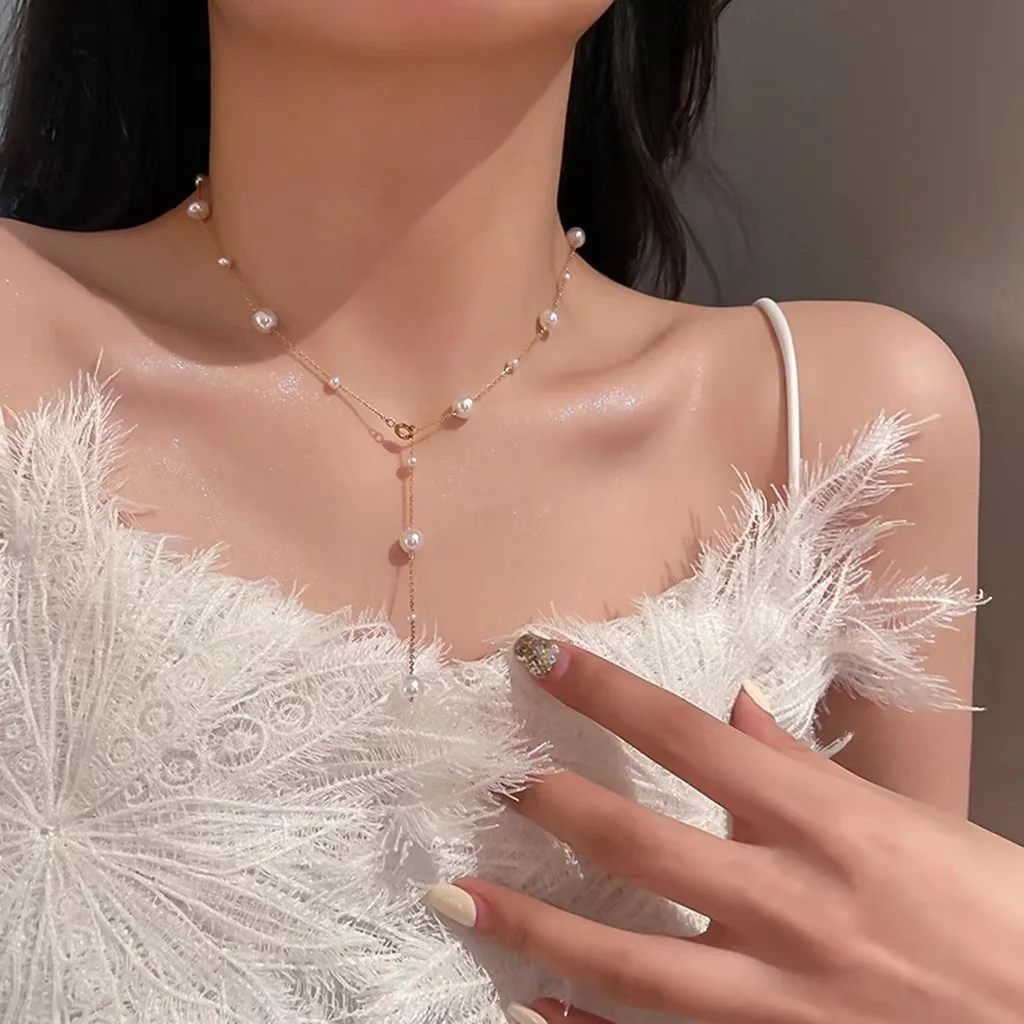 Women Sexy Fashion Pearl Tassel Long Pendant Necklace Adjustable Chain Temperament Korean Fashion Sweet Choker Collar Jewelry