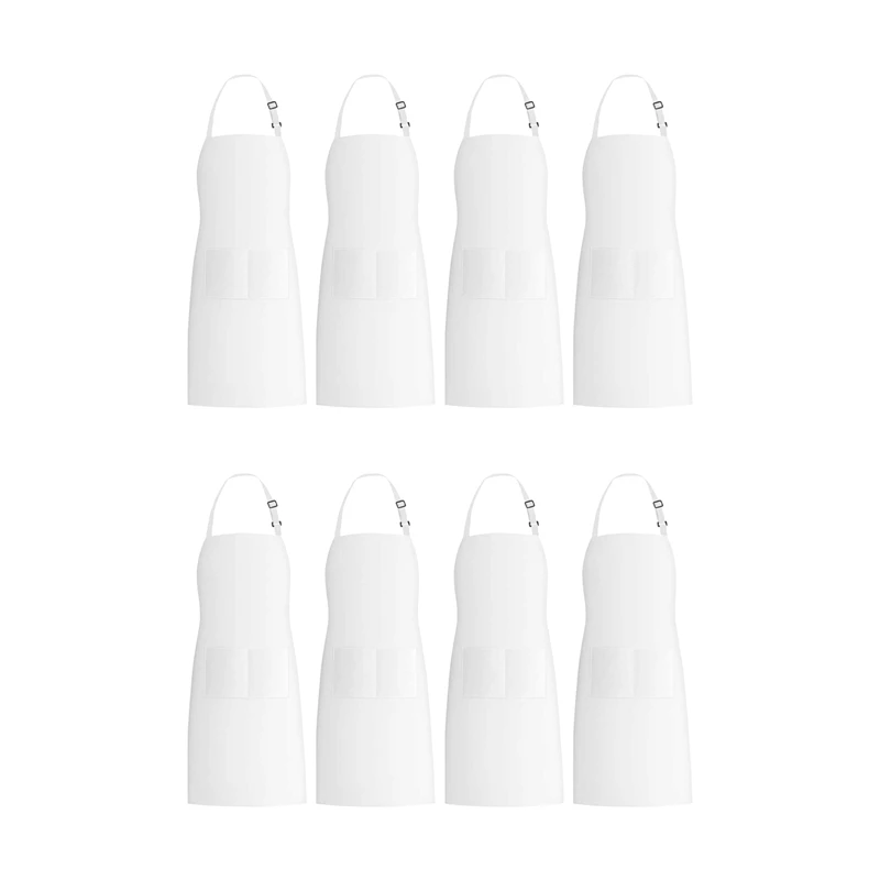 

8 Pack Bib Aprons With 2 Pockets Adjustable Kitchen Cooking Chef Apron For Women & Men, White