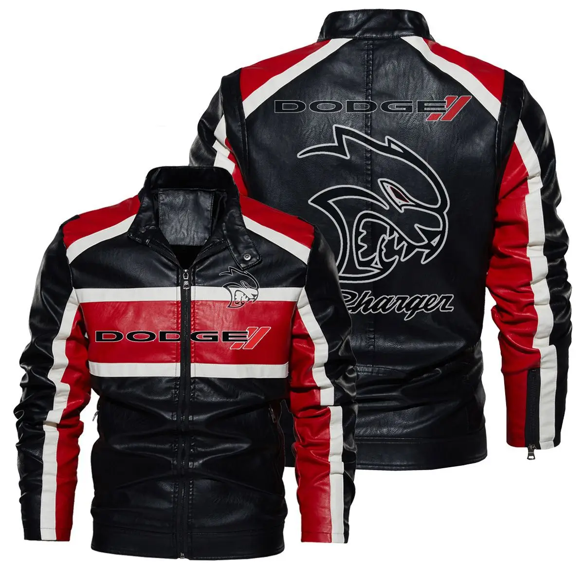 

DODGE Logo Vintage Contrast Leather Jacket Men Motorcycle Coat Mens Biker Clothes Spring Autumn Size 4XL