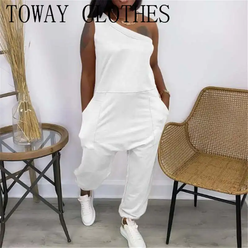 

Women Chic Casual Solid Sleeveless One Shoulder Pocket Exaggerate Loose Harem Jumpsuit