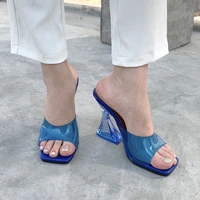 fashion chic strange crystal clear heels women slippers star style transparent pvc female mules slides summer sandals shoes blue