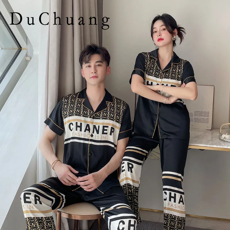 

[Women's pajamas] [high-quality]Popular Couple Ice Silk Pajamas for Men and Women Spring/Summer Thin Network Red Home Fur Set