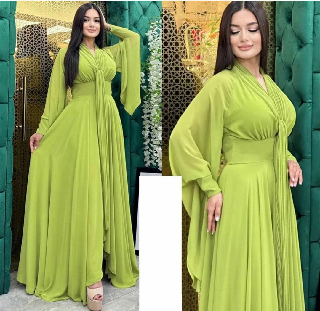 

Chiffon V-Neck Prom Dresses for Musilm Ankle-Length Long Sleeve Evening Dress for Wedding Guest Plus Size robes bal de promo