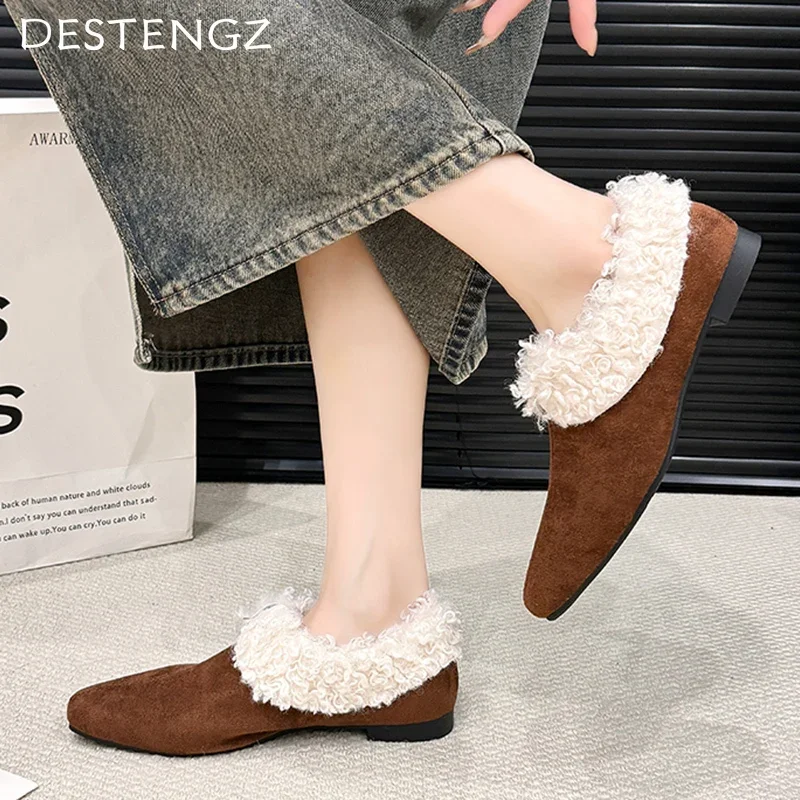 Женские ботильоны на меху замшевые короткие плюшевые модные хлопковые туфли с