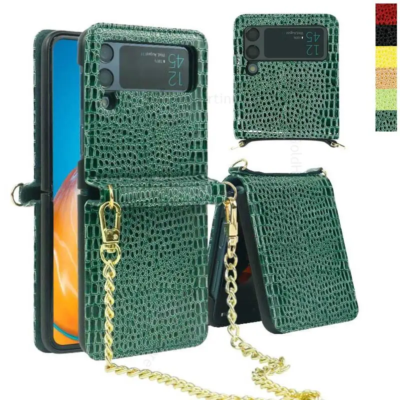 

Crocodile Genuine Leather Phone Case For Samsung Z Flip3 5G Metal Chain Crossbody Lanyard Cover for Galaxy Z Flip 3 5G SM-F711B