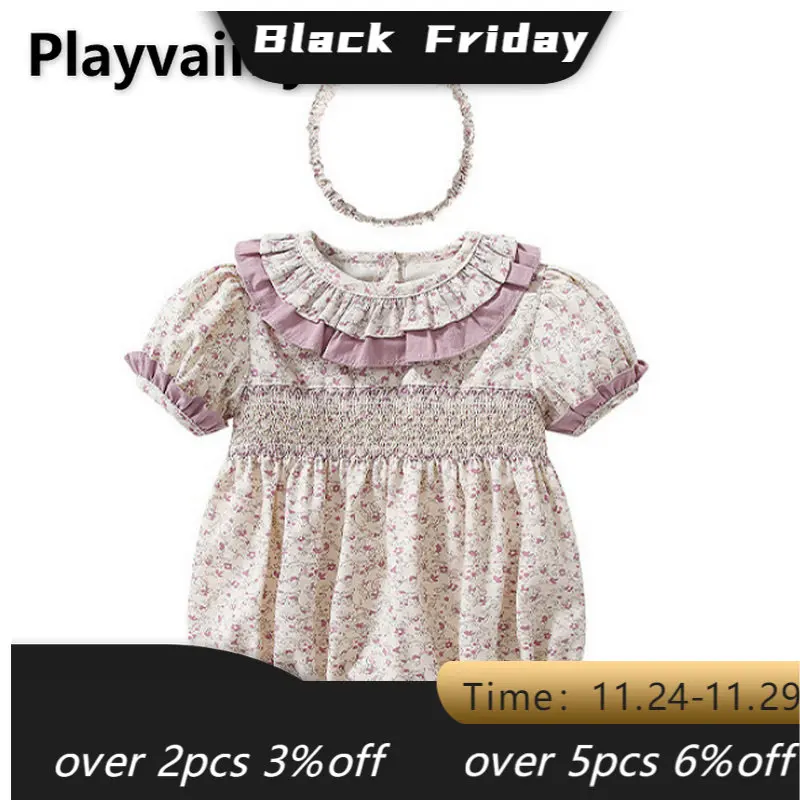 

2022 New Summer Newborn Girl Bodysuit Purple Floral Ruffle Round Collar Short Puff Sleeves Cotton Jumpsuit Baby Clothes E2132