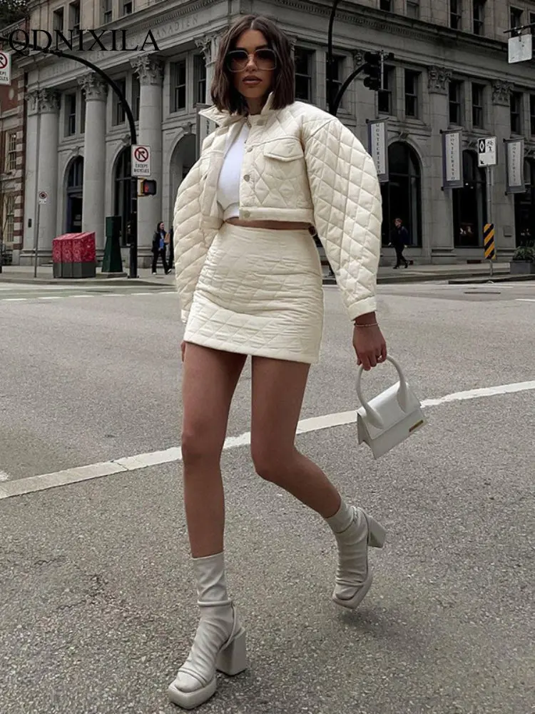 2022 Autumer Winter Skirt 2 Piece Sets Women Coat  Lapel Long Sleeve Solid Color Cotton Jacket Warm Thick Blouse Female Casual