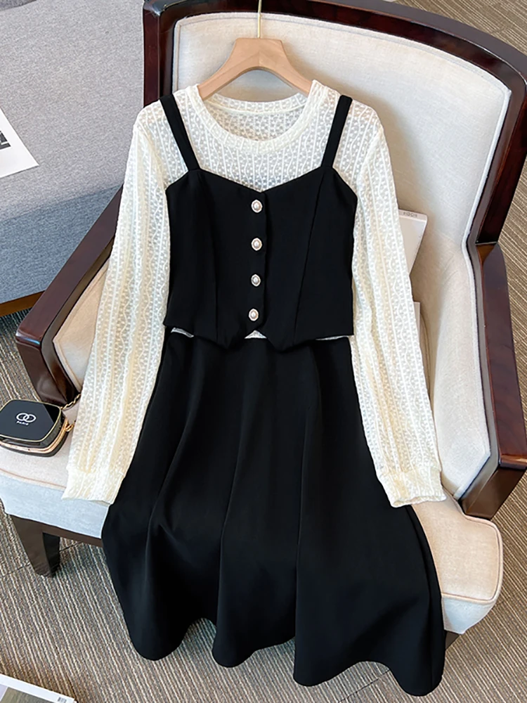 2024 черное лоскутное кружевное платье миди с длинным рукавом женское модное из