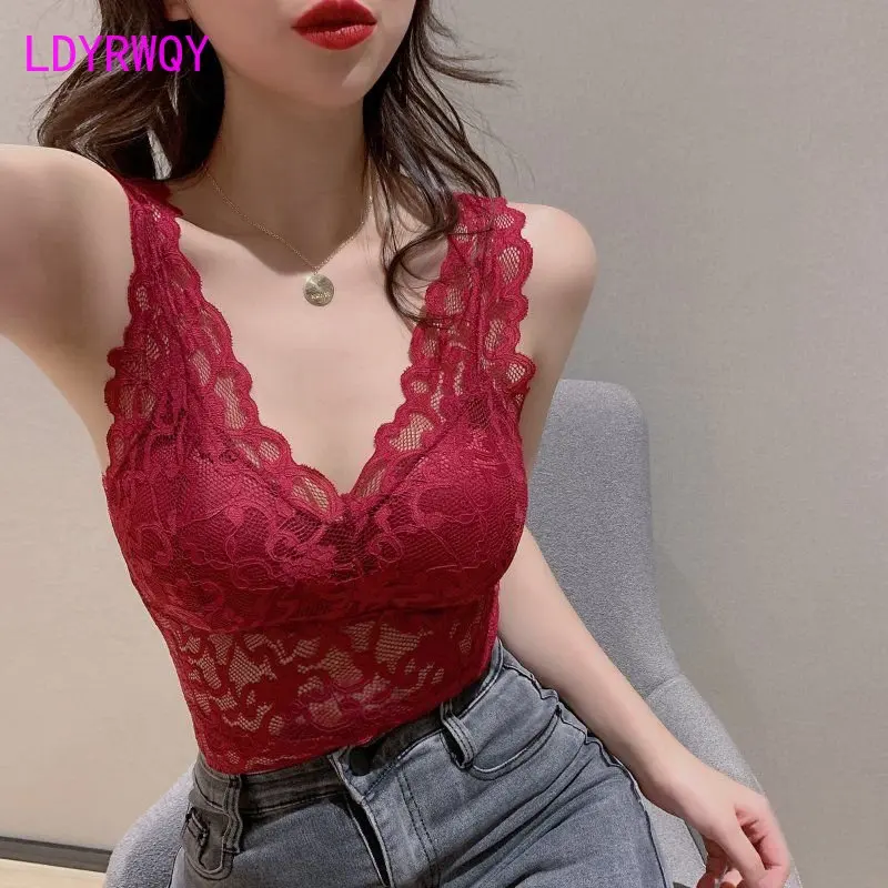 

Sexy lace hollowed-out deep V suspender vest womensummer new interior bottoming. Tanks Camis