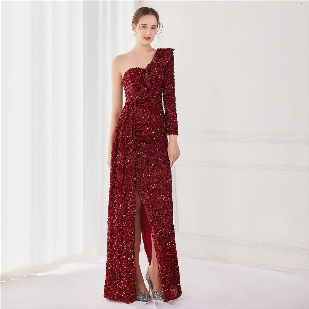 

Burgundy Sequin Luxury Party Dress One Shoulder Party Dresses Women Evening Side Split Special Occasion Dresses Gowns Night Long