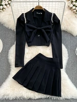 korean casual 2 piece set women diamonds bow short blazer coat pleated skirt suits fashion streetwear sexy outfits for woman
