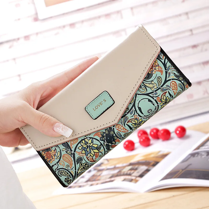 Women Envelope Floral Long Wallet Hit Color Tri-fold Flowers Printing Female Pu Leather Hasp Coin Purses Lady Clutch Phone Bag