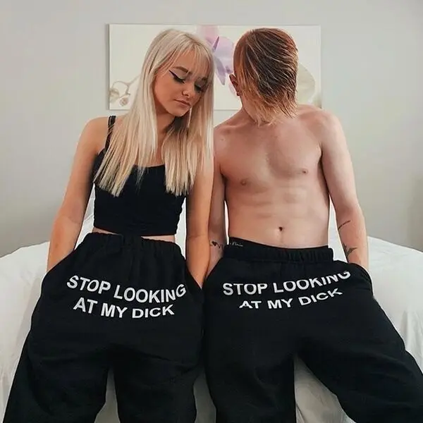 

Play Tricks Individuality Stop Looking At My Dick Fashion Hip Hop Spring and Autumn Men and Women Couple Tide Sweatpants