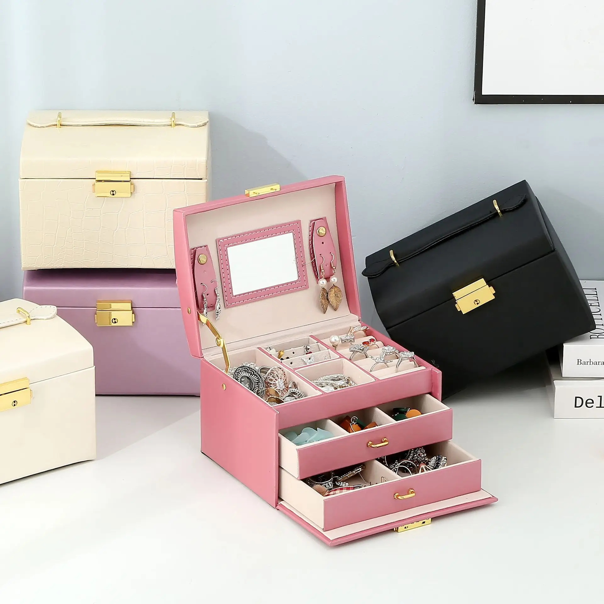 

Three-tier Jewelry Box with Vanity Mirror for Women Bracelet Necklace Multicolor Storage Display Leather Box for Girls Ear Hook