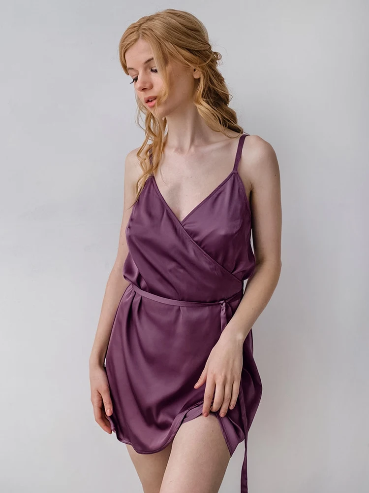 

Hiloc Low Cut Woman Dresses Purple Spaghetti Strap Women's Pajamas With Sashes Sexy Backless Night Dress Women Solid Summer New
