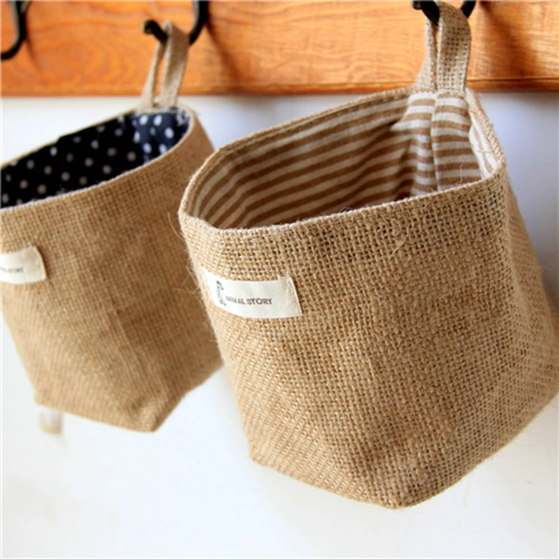 

LuanQI Jute Cotton Linen Storage Bag Hanging Pocket Desktop Storage Box With Handle Sundries Organizer Basket 10X13CM