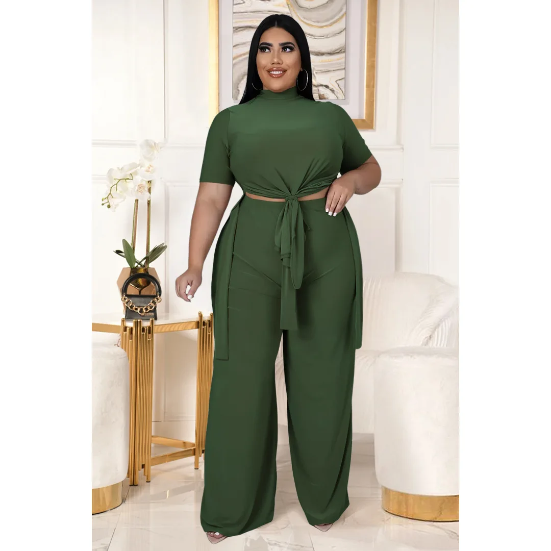 Plus Size Sets Solid Color Short Sleeve Casual Strap Wide Leg PantsTwo-piece Set  Plus Size Women Clothing Two Piece Set Women