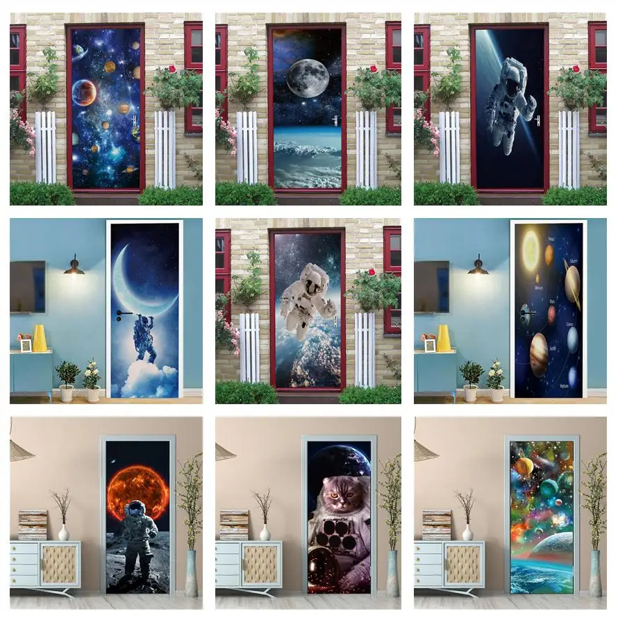 

Space Starry Sky Door Sticker 3D Wallpaper Planet Astronaut Wall Stickers Adhesive Boy Kids Room Decoration Poster Art Mural