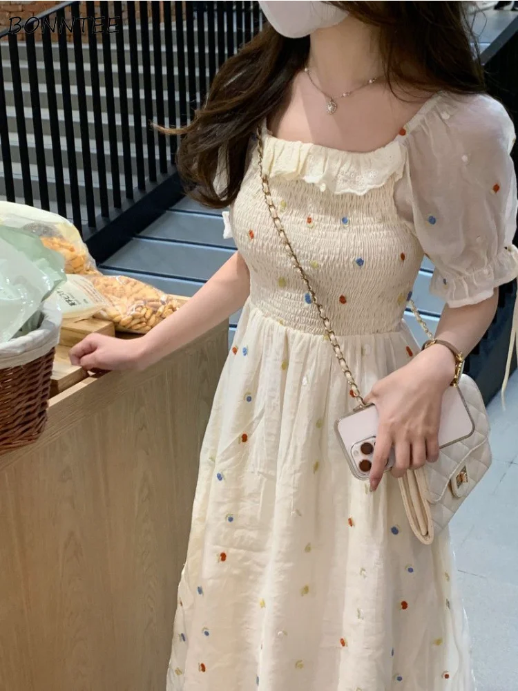 

Dress Women Folds Summer Chic A-line Sweet Square Collar Vintage Gentle Casual Dot Aesthetic Young Vestido Puff Sleeve Fairycore