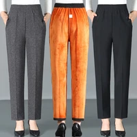 middle aged women autumn winter trousers loose warm thicken velvet elastic high waist pants female plaid straight pants