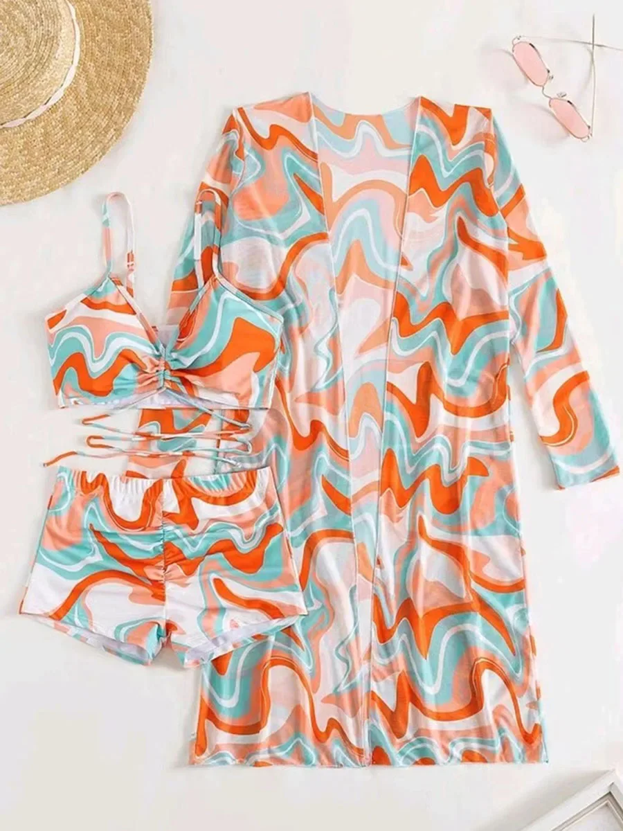 Тропические бикини с высокой талией 2023 сексуальный комплект из 3 предметов