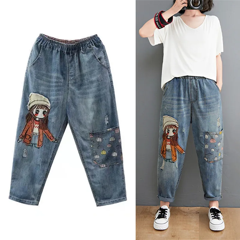 

Женские выбеленные джинсы в китайском стиле, рваные джинсы с вышивкой и дырками, брюки из денима в стиле пэчворк с эластичным поясом, весна 2023