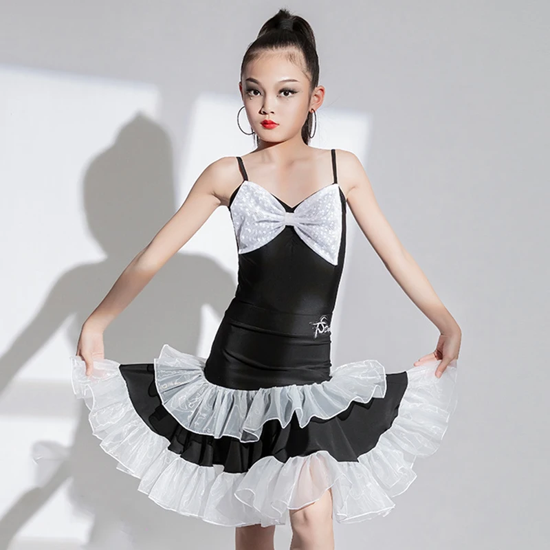 

Детское платье для латиноамериканских танцев, черное платье для девочек с бантом, платье для соревнований по танцу бальной комнаты, одежда для тренировок румбы, BL10223