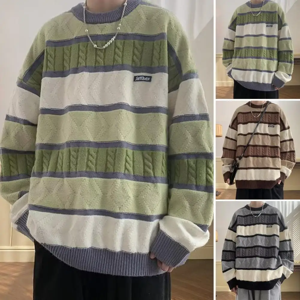 

2023 Autumn Contrast Color Striped Sweater Men Fashion Winter New Round Neck Long Sleeve Loose Casual All-match Pullovers Tops