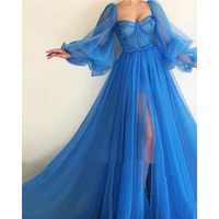 fashion luxury a line prom dresses blue 2023 long tulle puff sleeve womens evening gownssweetheart bow party dress side slit