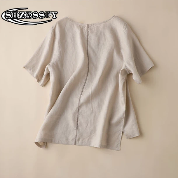 Футболка женская хлопково-льняная с круглым вырезом свободная повседневная