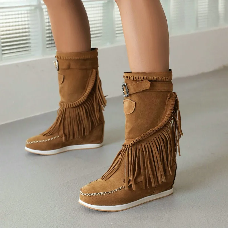 

AOSPHIRAYLIAN ковбойские сапоги с бахромой и кисточками для женщин 2022 винтажная женская обувь из флока ботинки из коровьей кожи