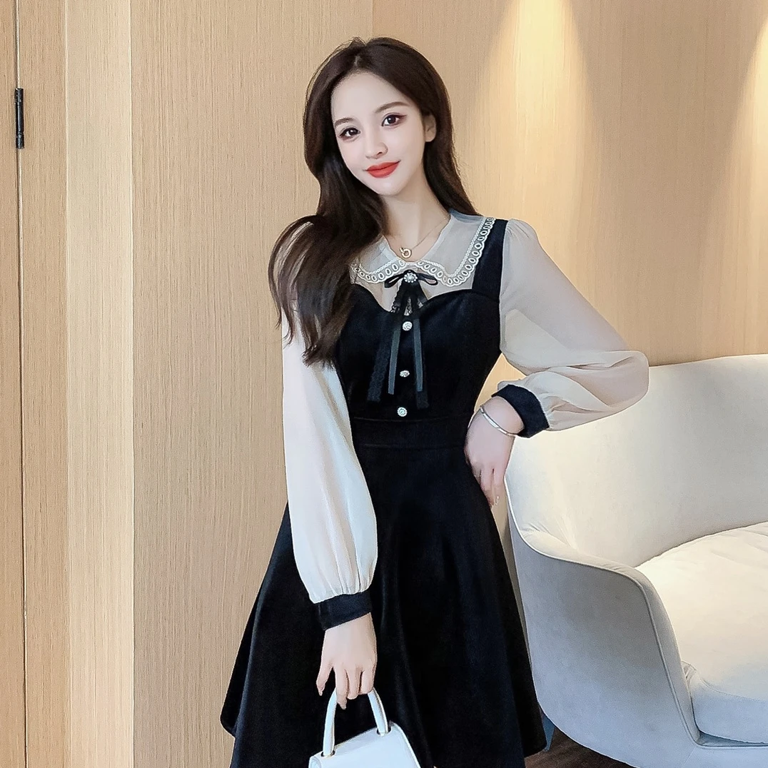 

Женское винтажное платье с рукавами-фонариками, черное приталенное платье с высокой талией и кружевным воротником, вечерний наряд в Корейс...