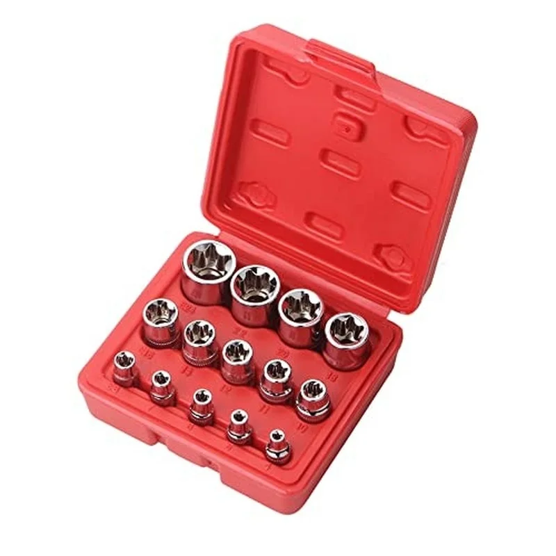 14Pcs E-Torx Star Socket Set with Case, 1/4, 3/8, 1/2 in. Drive Female External Star Socket Set E4-E24 Torque Socket Set
