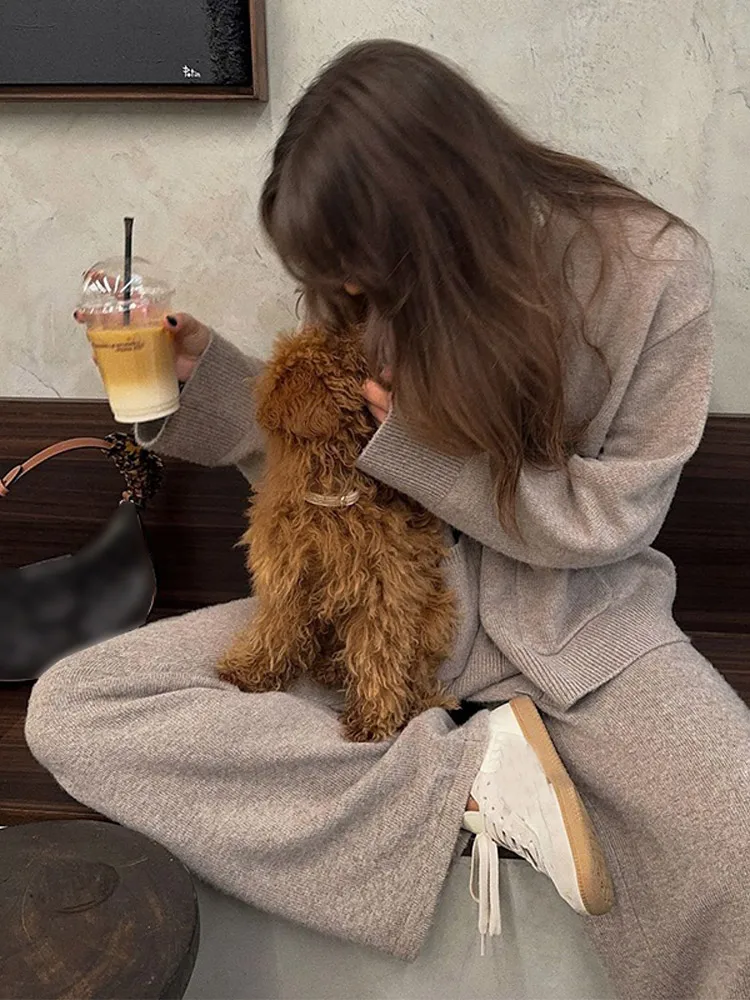 Повседневные однотонные свободные комплекты с широкими брюками для женщин