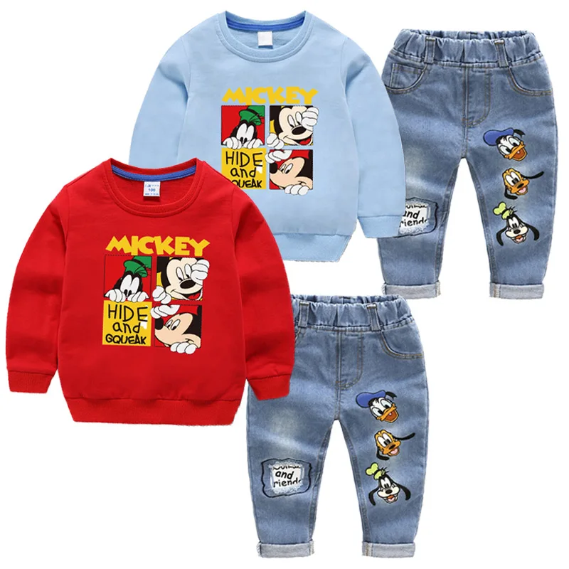 

Autumn Sweater Suit For Children Letters Long-Sleeve Mickey Top Cartoon Donald Duck Jeans Boy Casual 2-Piece Set 2 Years-6 Years