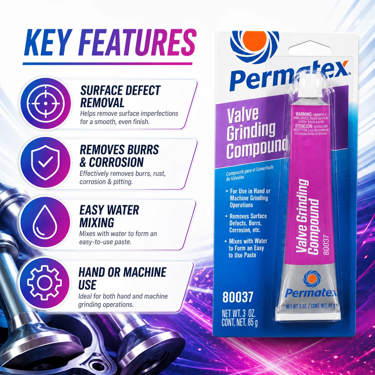 Фото Смазка для притирки клапанов Permatex 80037, 85 г (3 унции), средство для удаления дефектов поверхности при ремонте клапанов малолитражных автомобильных двигателей №2