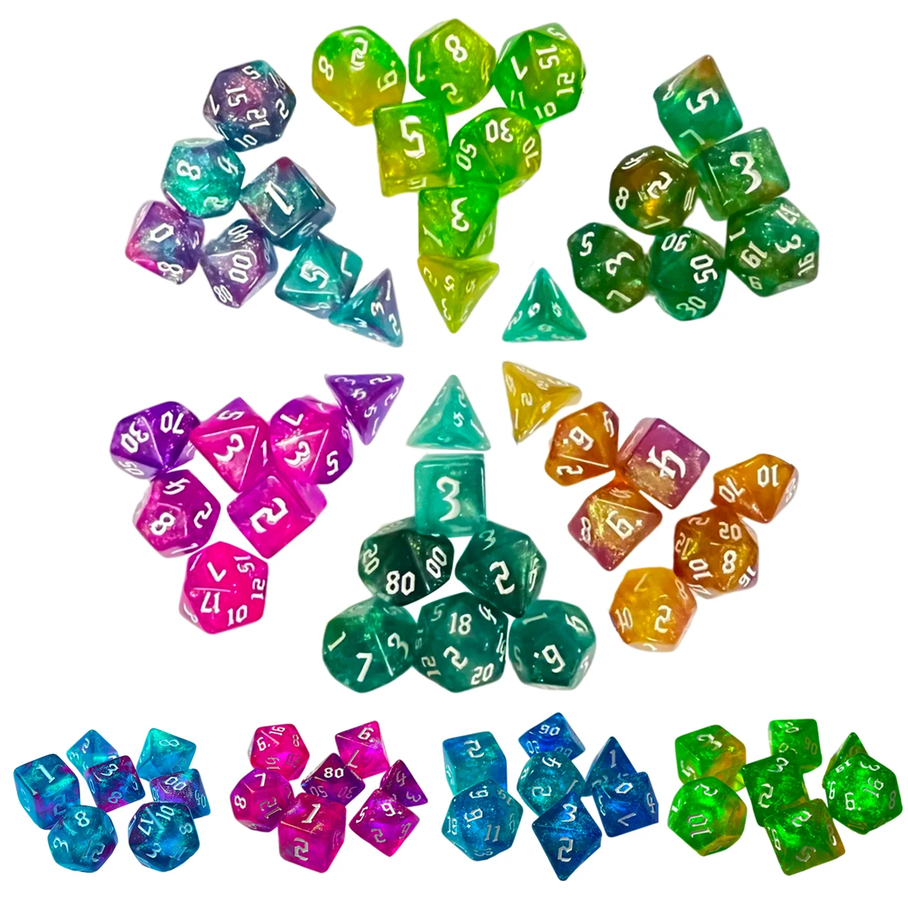 

Iridescent Glitter Polyhedral 7-Die Two-tone Dice Set D4 D6 D8 D10 D% D12 D20 for DND Enthusiast RPG Adventurer