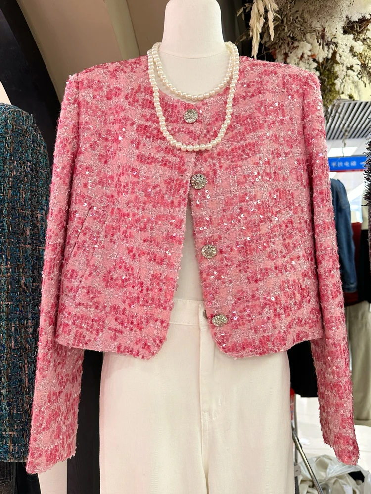 Женский пиджак с блестками розовый блейзер круглым вырезом и длинным рукавом в