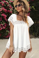 summer 2022 new style womens loose casual solid color lace shirt chiffon shirt short sleeve fashion top